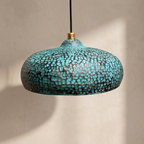 Blue Patina Brass Pendant Light - Hand Hammered Moroccan Dome