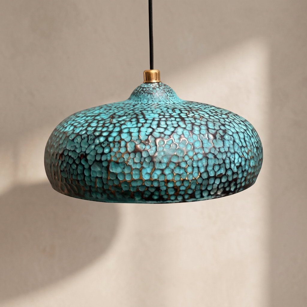 Blue Patina Brass Pendant Light - Hand Hammered Moroccan Dome