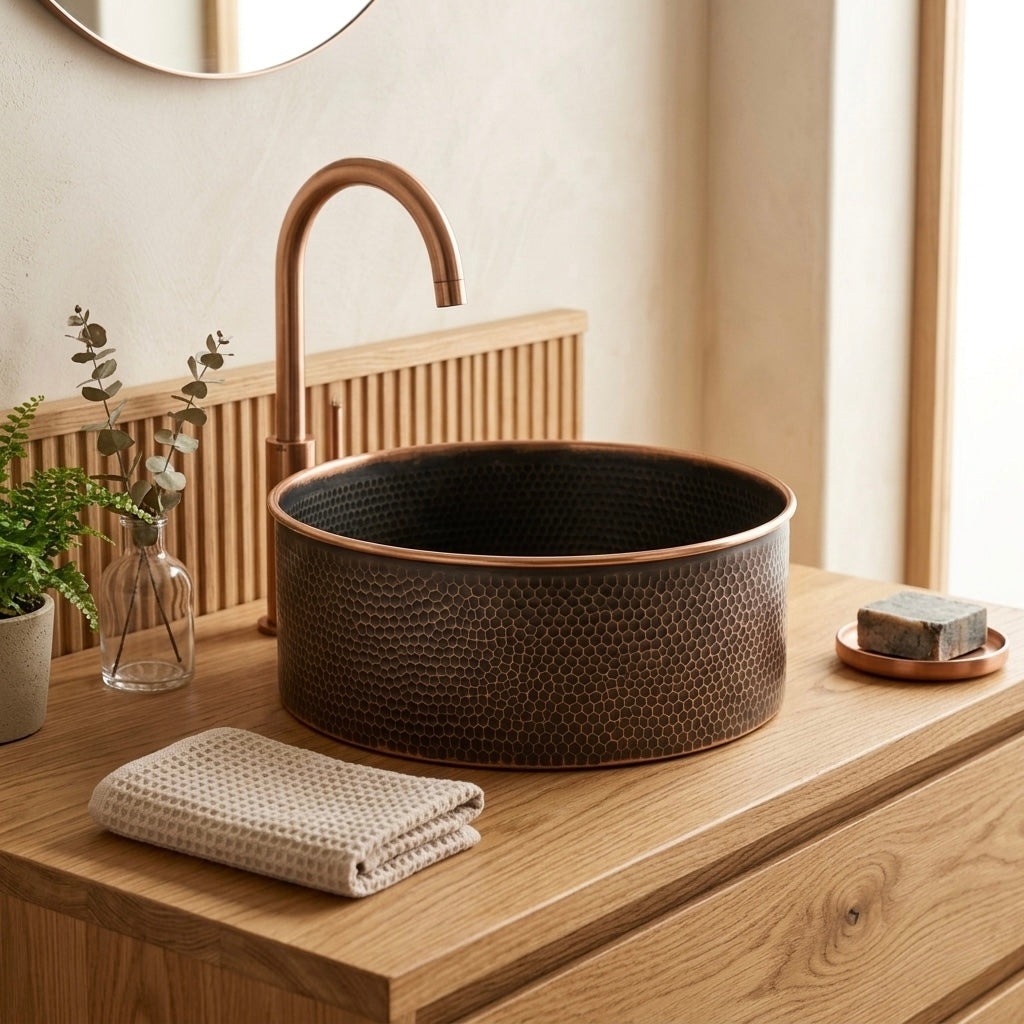 Handcrafted Hammered Copper Vessel Sink – Authentic Moroccan Dual-Tone Basin