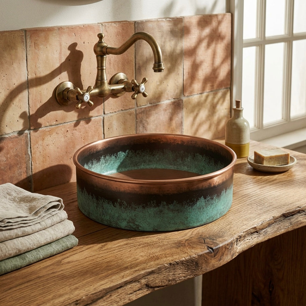 Handcrafted Verdigris Copper Vessel Sink – Authentic Moroccan Weathered Basin