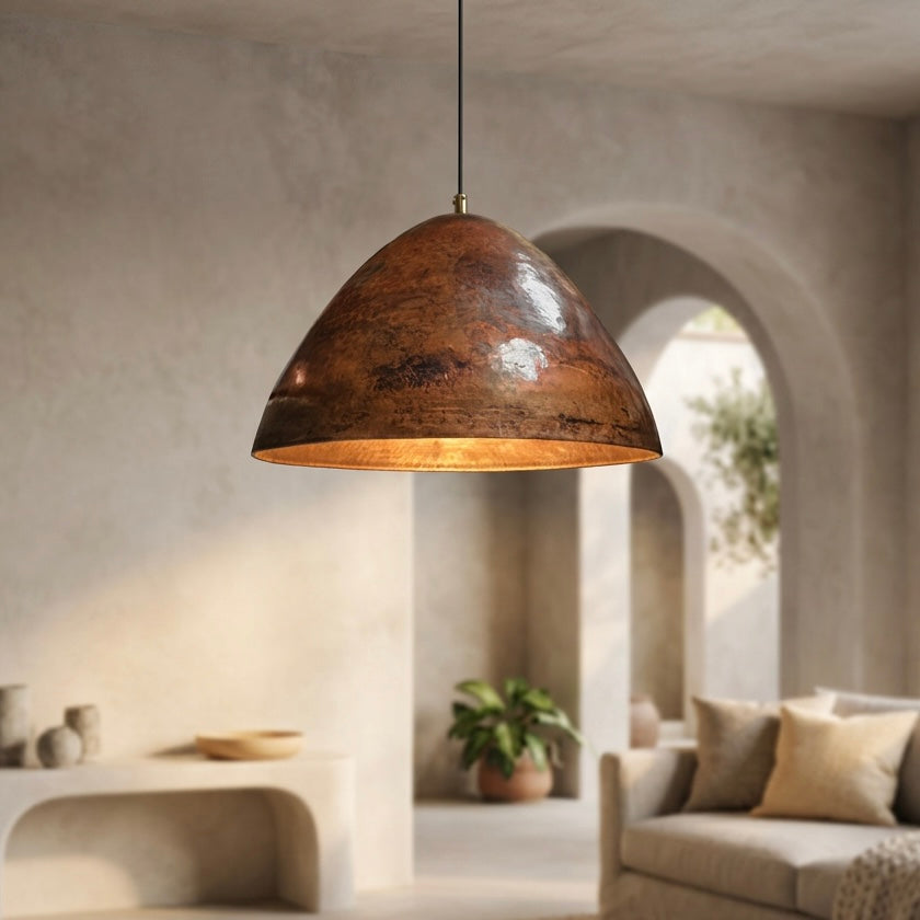 Hammered Copper Dome Pendant Light - Handcrafted Moroccan Lamp