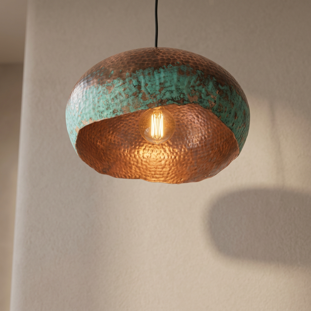 Hammered Copper Verdigris Pendant Light - Artisan Moroccan Lamp