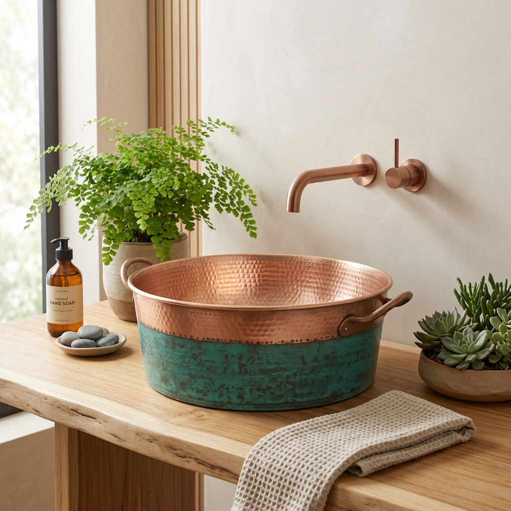 Handcrafted Copper Vessel Sink with Handles – Authentic Moroccan Verdigris Washbasin