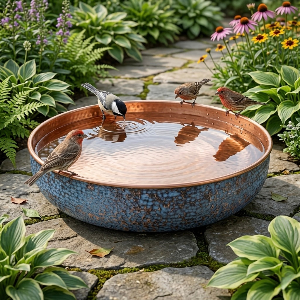 Handcrafted Hammered Copper Bird Bath – Authentic Moroccan Blue Patina Garden Basin