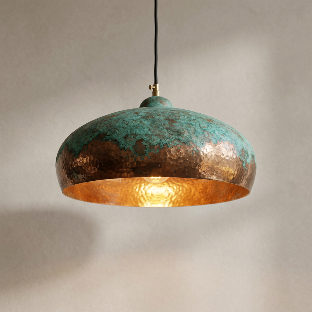 Hammered Copper Pendant Light - Artisan Green Patina Dome