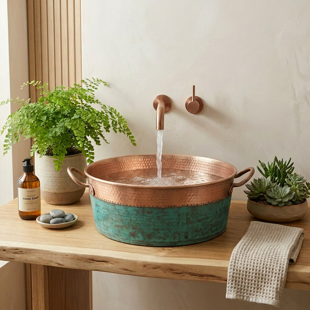 Handcrafted Copper Vessel Sink with Handles – Authentic Moroccan Verdigris Washbasin