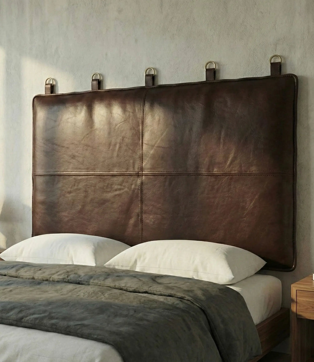 Moroccan Leather Headboard - Authentic Handcrafted Dark Brown Panel