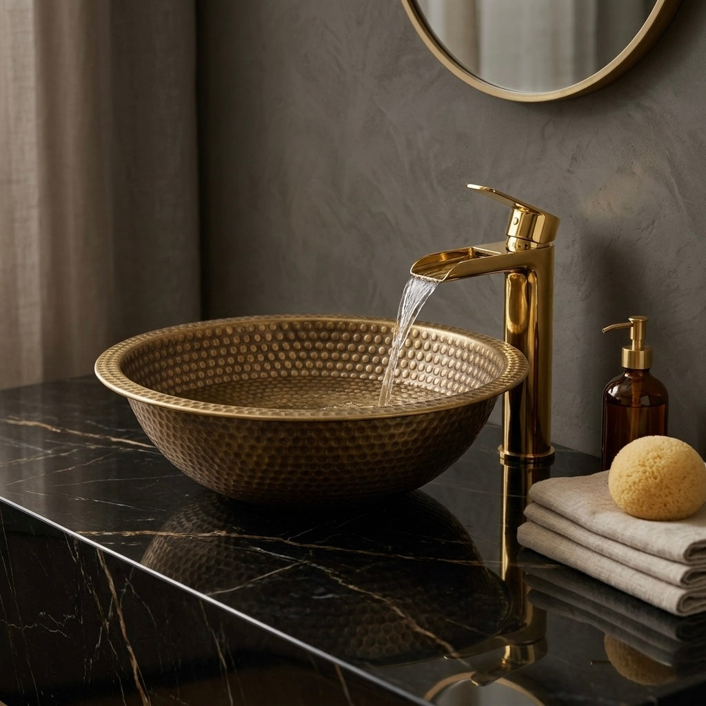 Handcrafted Antique Dotted Brass Vessel Sink – Authentic Moroccan Aged Washbasin