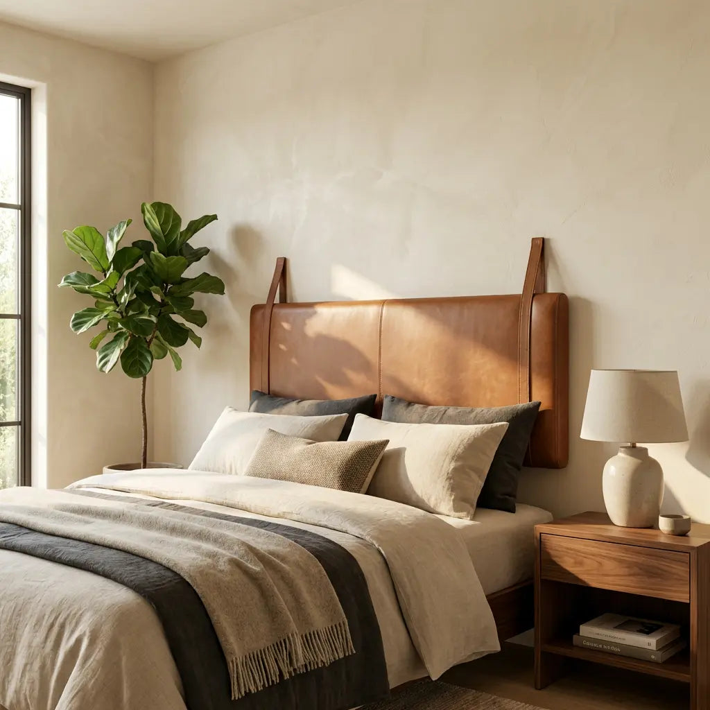 Wall-Mounted Moroccan Leather Headboard brown Handcrafted