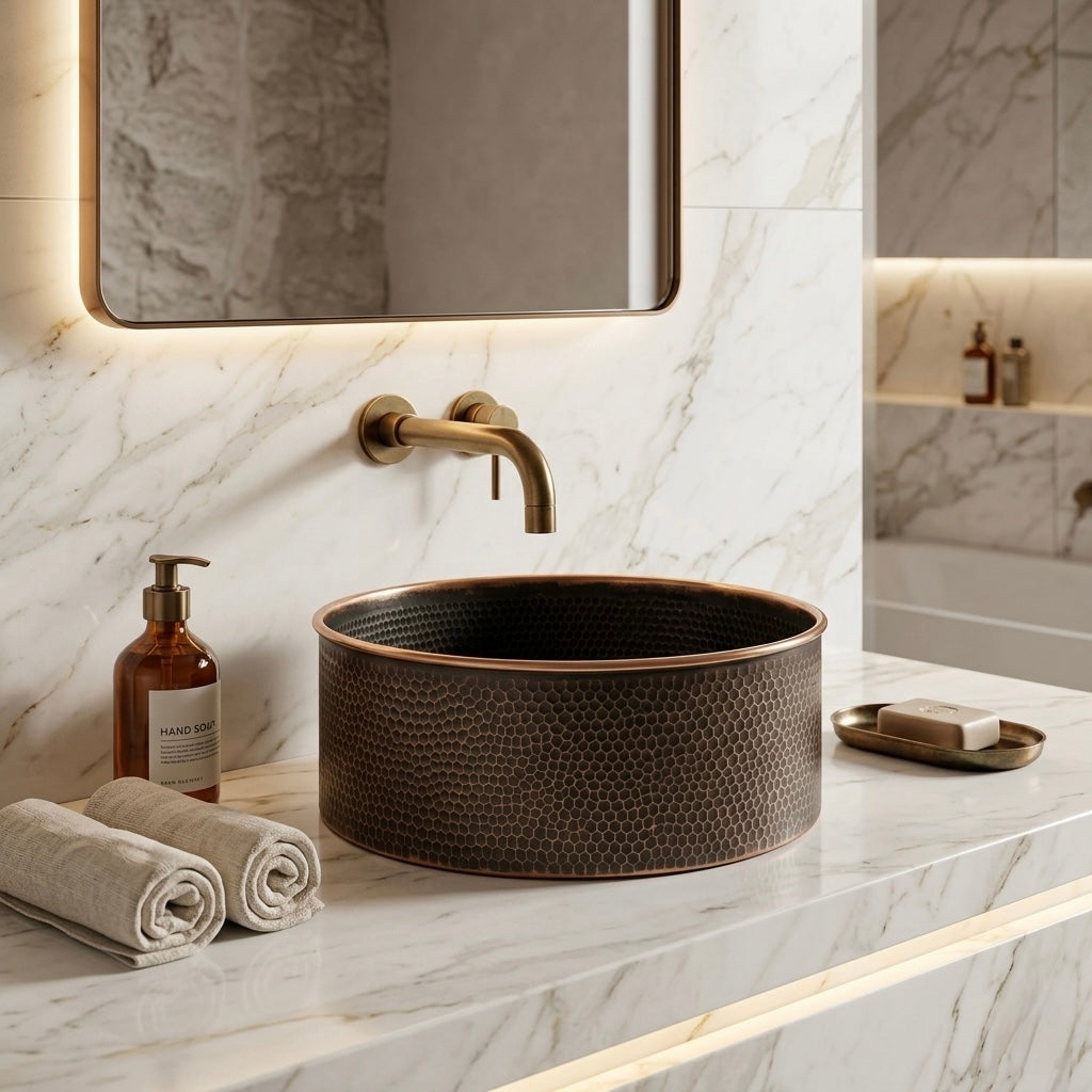 Handcrafted Hammered Copper Vessel Sink – Authentic Moroccan Dual-Tone Basin