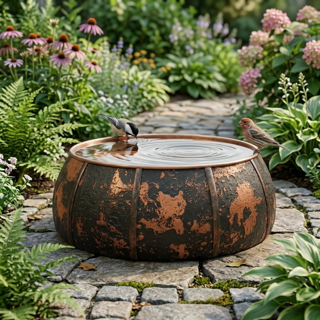 Handcrafted Moroccan Dark Patina Copper Bird Bath – Rustic Ribbed Garden Bird Bath