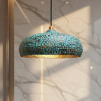 Blue Patina Brass Pendant Light - Hand Hammered Moroccan Dome