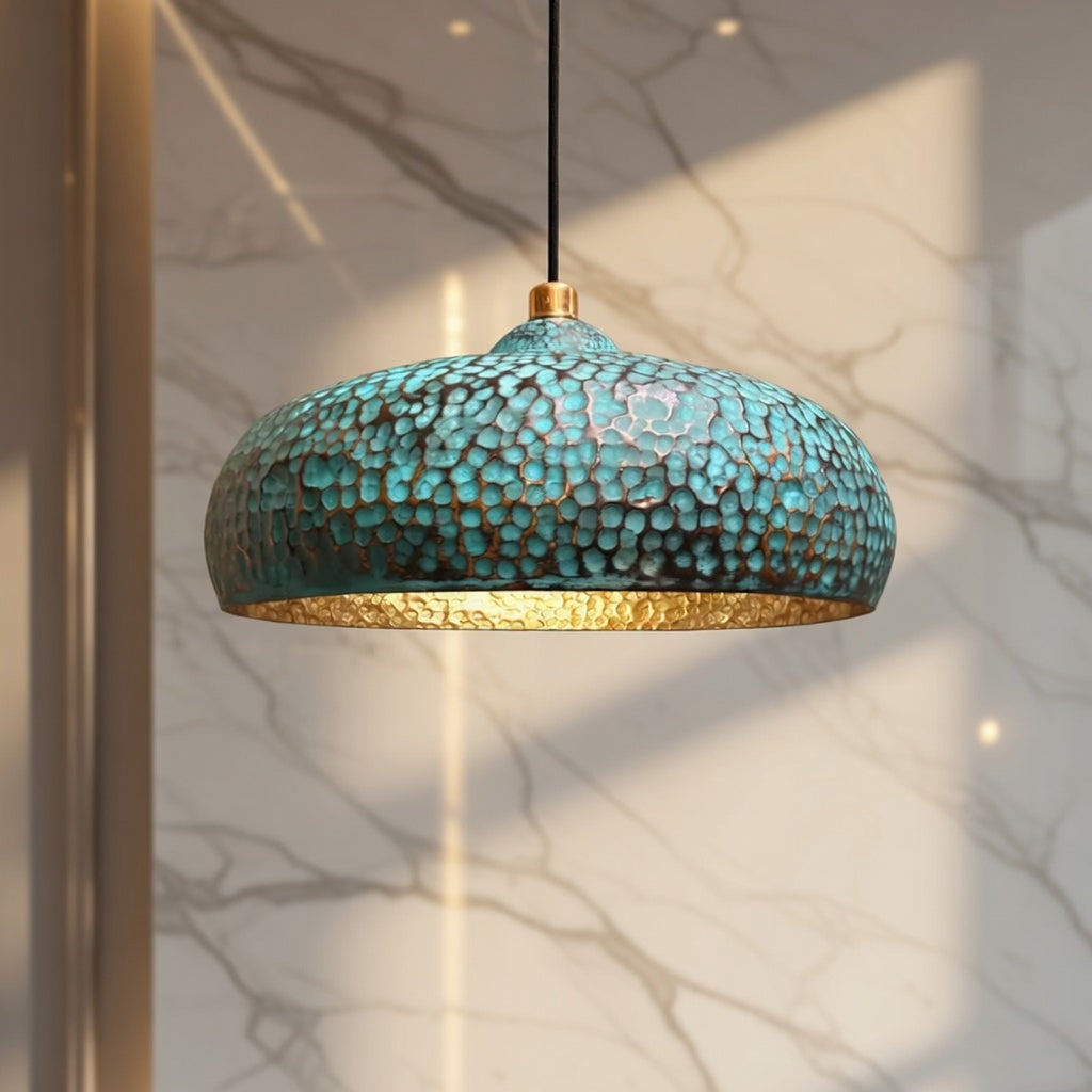 Blue Patina Brass Pendant Light - Hand Hammered Moroccan Dome