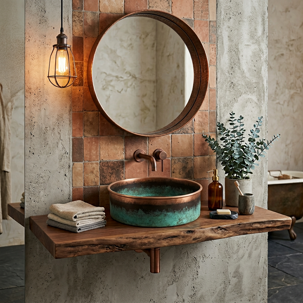Handcrafted Verdigris Copper Vessel Sink – Authentic Moroccan Weathered Basin