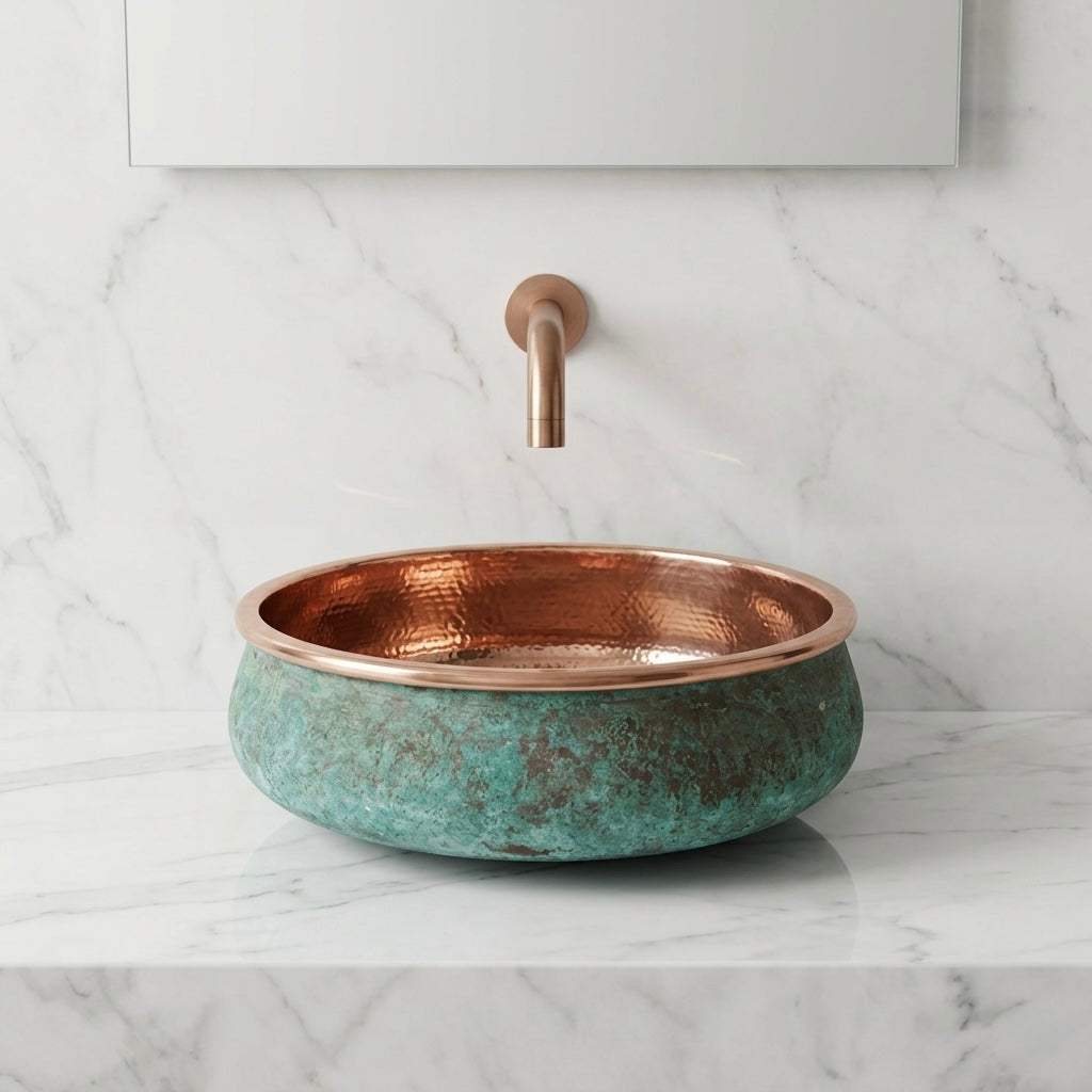 Handcrafted Verdigris Copper Vessel Sink – Authentic Moroccan Dual-Tone Washbasin
