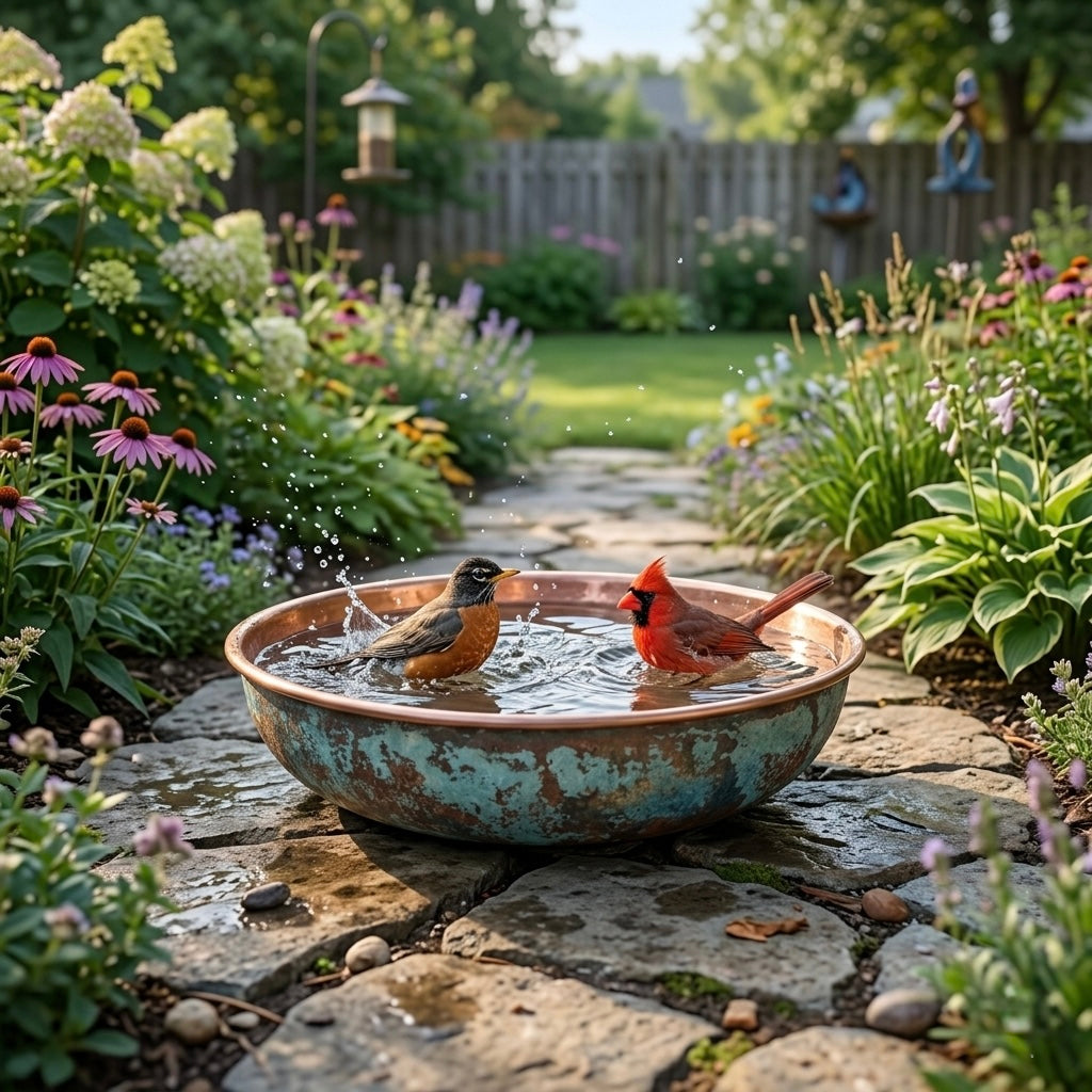 Handcrafted Verdigris Copper Bird Bath – Authentic Moroccan Garden Basin
