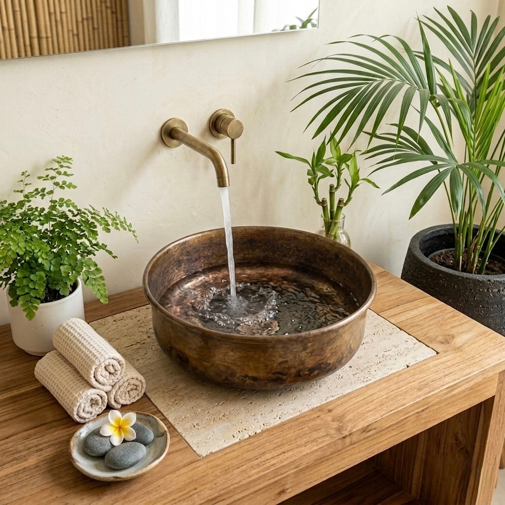 Handcrafted Smoked Antique Brass Vessel Sink – Authentic Moroccan Aged Washbasin