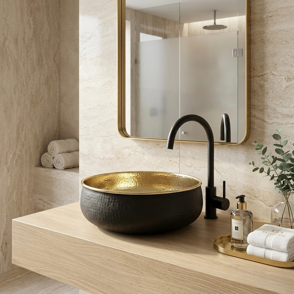 Handcrafted Hammered Brass Vessel Sink – Authentic Moroccan Dual-Tone Washbasin