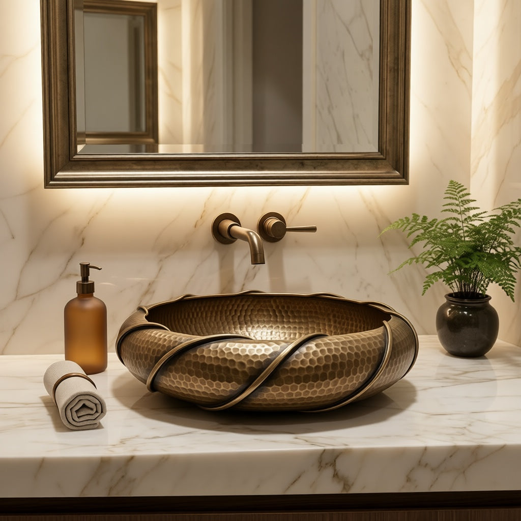 Handcrafted Braided Rim Brass Vessel Sink – Authentic Moroccan Antique Washbasin