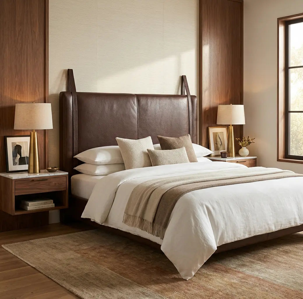 Wall-Mounted Moroccan Leather Headboard Dark Brown Handcrafted