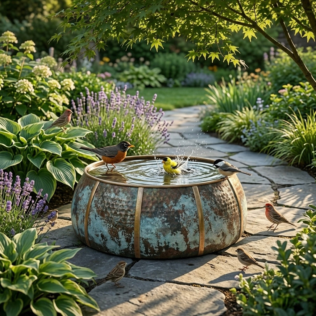 Handcrafted Moroccan Copper Bird Bath – Rustic Antique Verdigris Garden Basin