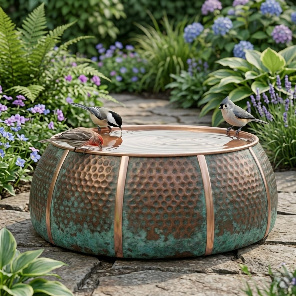 Authentic Handcrafted Moroccan Verdigris Copper Bird Bath – Hammered Round Garden Basin