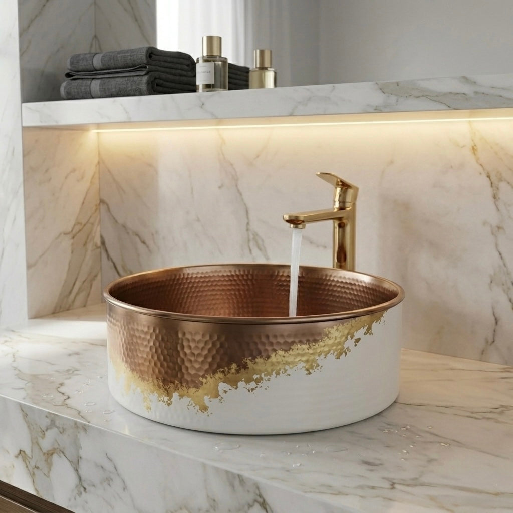 Handcrafted White & Copper Vessel Sink – Authentic Moroccan Gold Leaf Washbasin