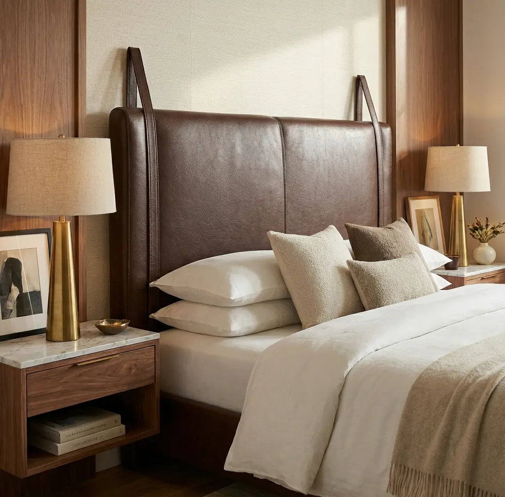 Wall-Mounted Moroccan Leather Headboard Dark Brown Handcrafted