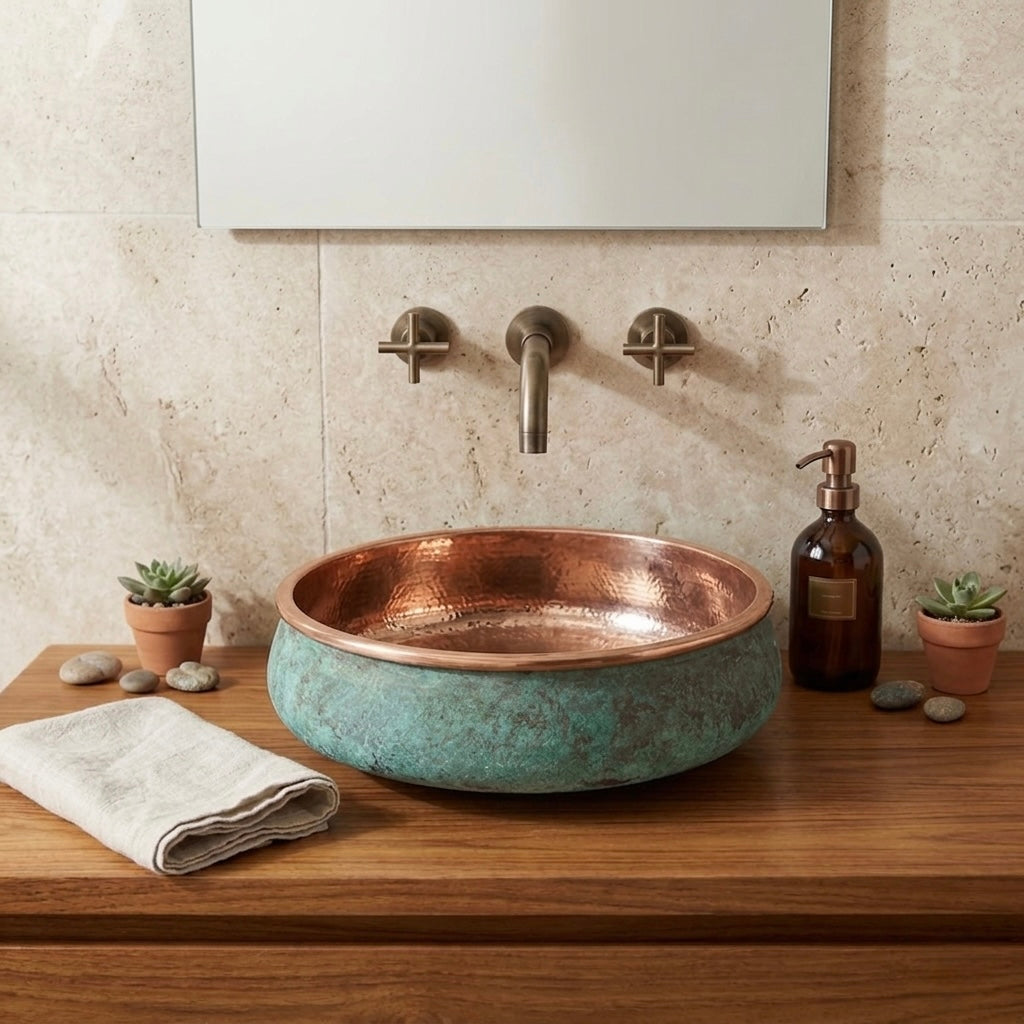 Handcrafted Verdigris Copper Vessel Sink – Authentic Moroccan Dual-Tone Washbasin