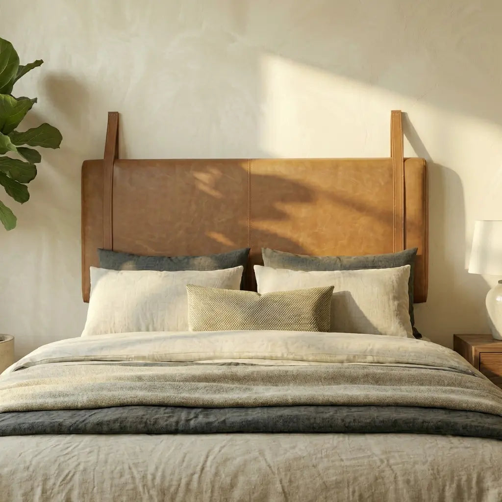 Wall-Mounted Moroccan Leather Headboard brown Handcrafted