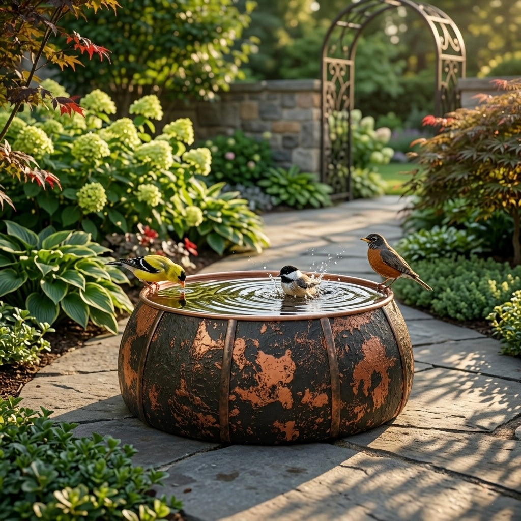 Handcrafted Moroccan Dark Patina Copper Bird Bath – Rustic Ribbed Garden Bird Bath