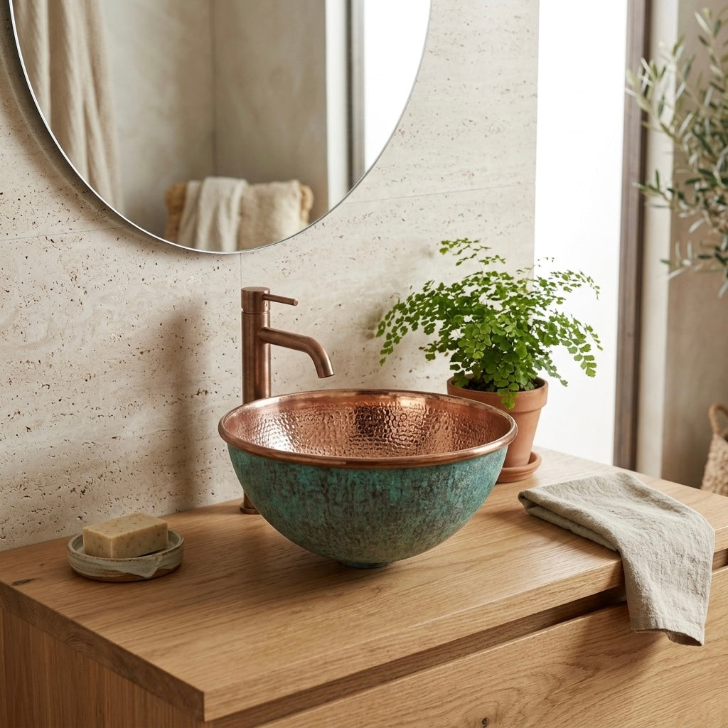 Handcrafted Verdigris Copper Vessel Sink – Authentic Moroccan Dual-Tone Bowl Basin