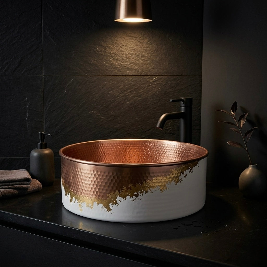Handcrafted White & Copper Vessel Sink – Authentic Moroccan Gold Leaf Washbasin