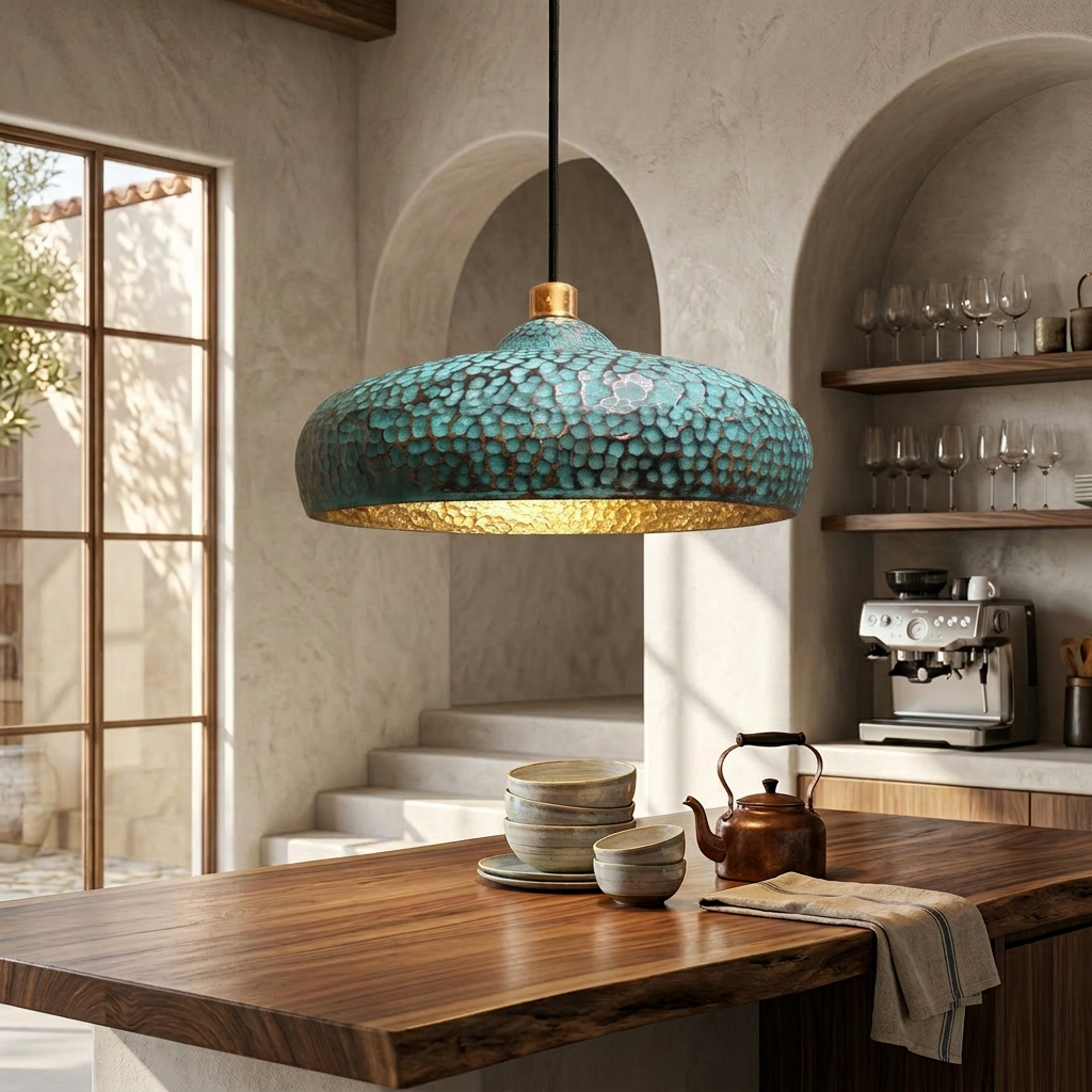 Blue Patina Brass Pendant Light - Hand Hammered Moroccan Dome