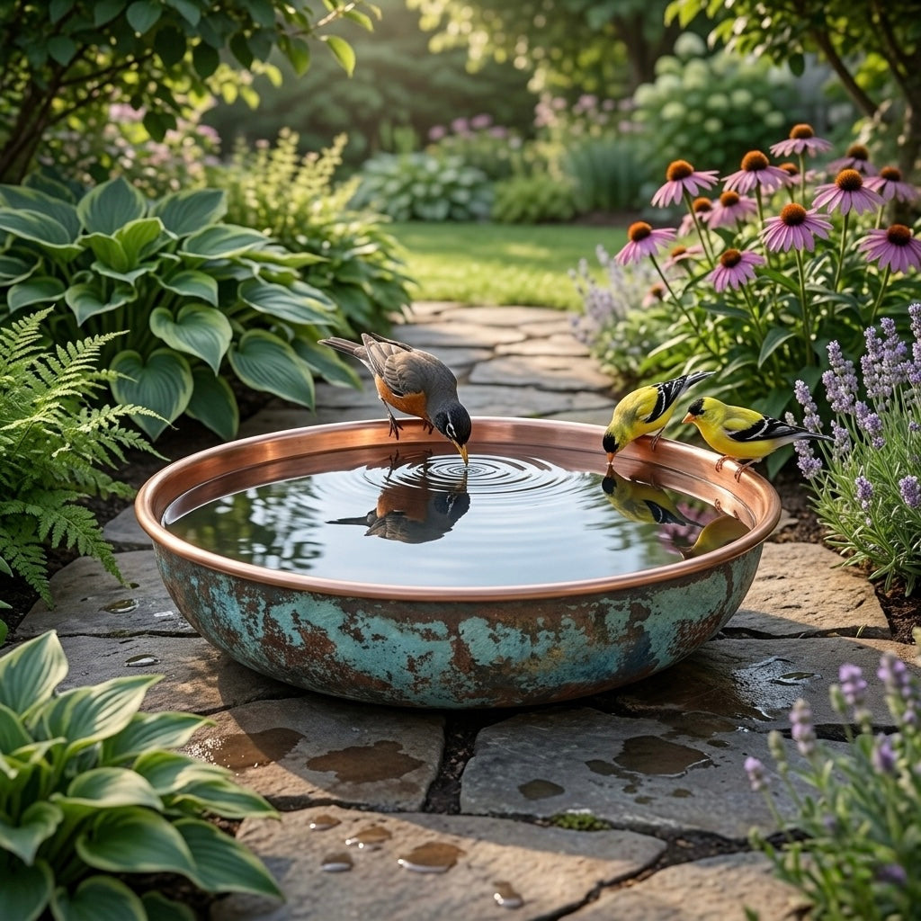 Handcrafted Verdigris Copper Bird Bath – Authentic Moroccan Garden Basin