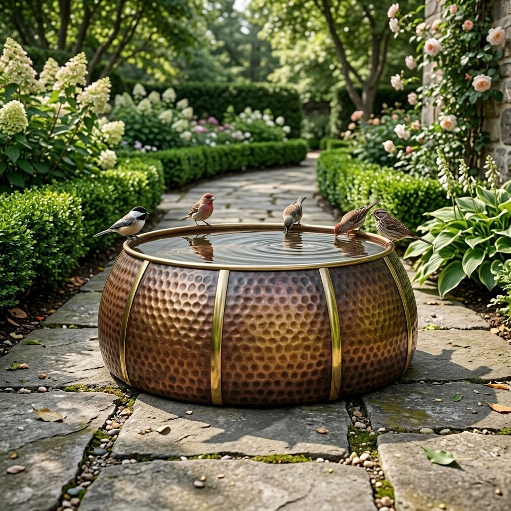 Handcrafted Moroccan Brass Bird Bath – Antique Hammered Garden Bird Bath