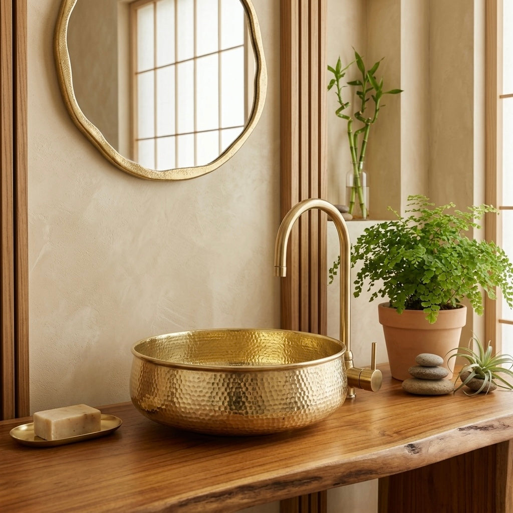 Handcrafted Hammered Brass Vessel Sink – Authentic Moroccan Polished Gold Washbasin