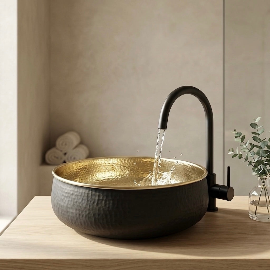 Handcrafted Hammered Brass Vessel Sink – Authentic Moroccan Dual-Tone Washbasin