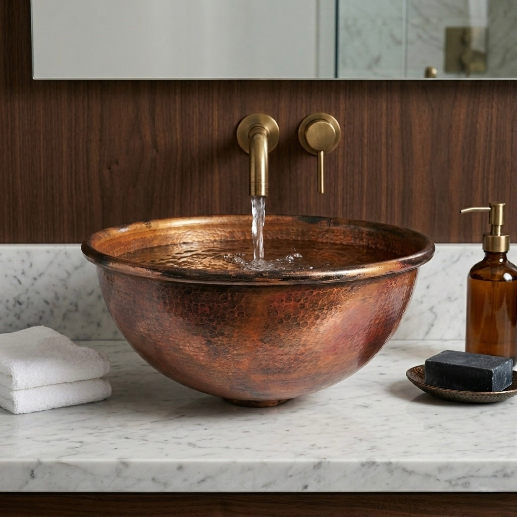 Handcrafted Fire-Distressed Copper Vessel Sink – Authentic Moroccan Antique Washbasin