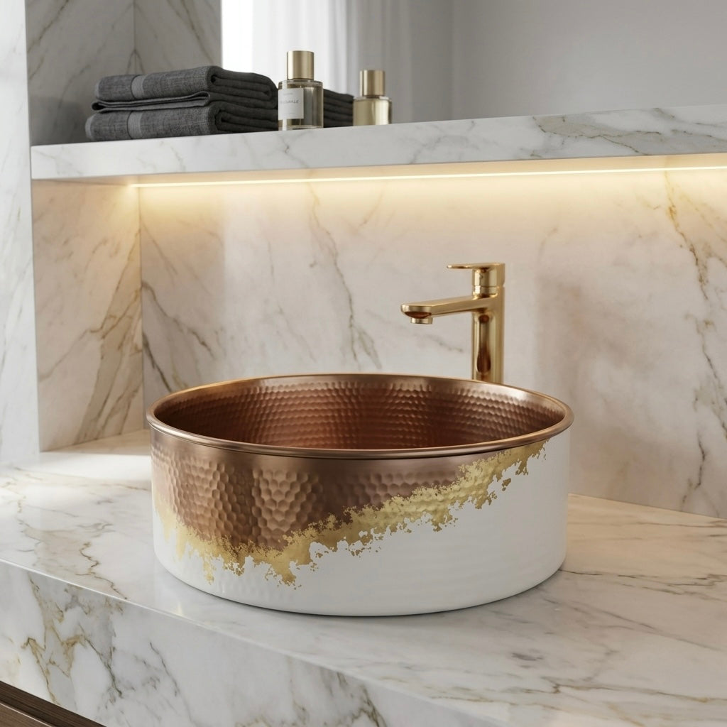 Handcrafted White & Copper Vessel Sink – Authentic Moroccan Gold Leaf Washbasin