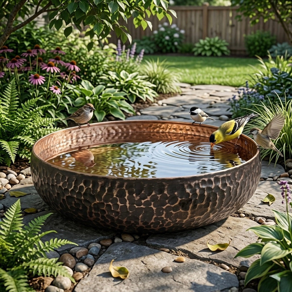 Handcrafted Antique Hammered Copper Bird Bath – Authentic Moroccan Garden Basin