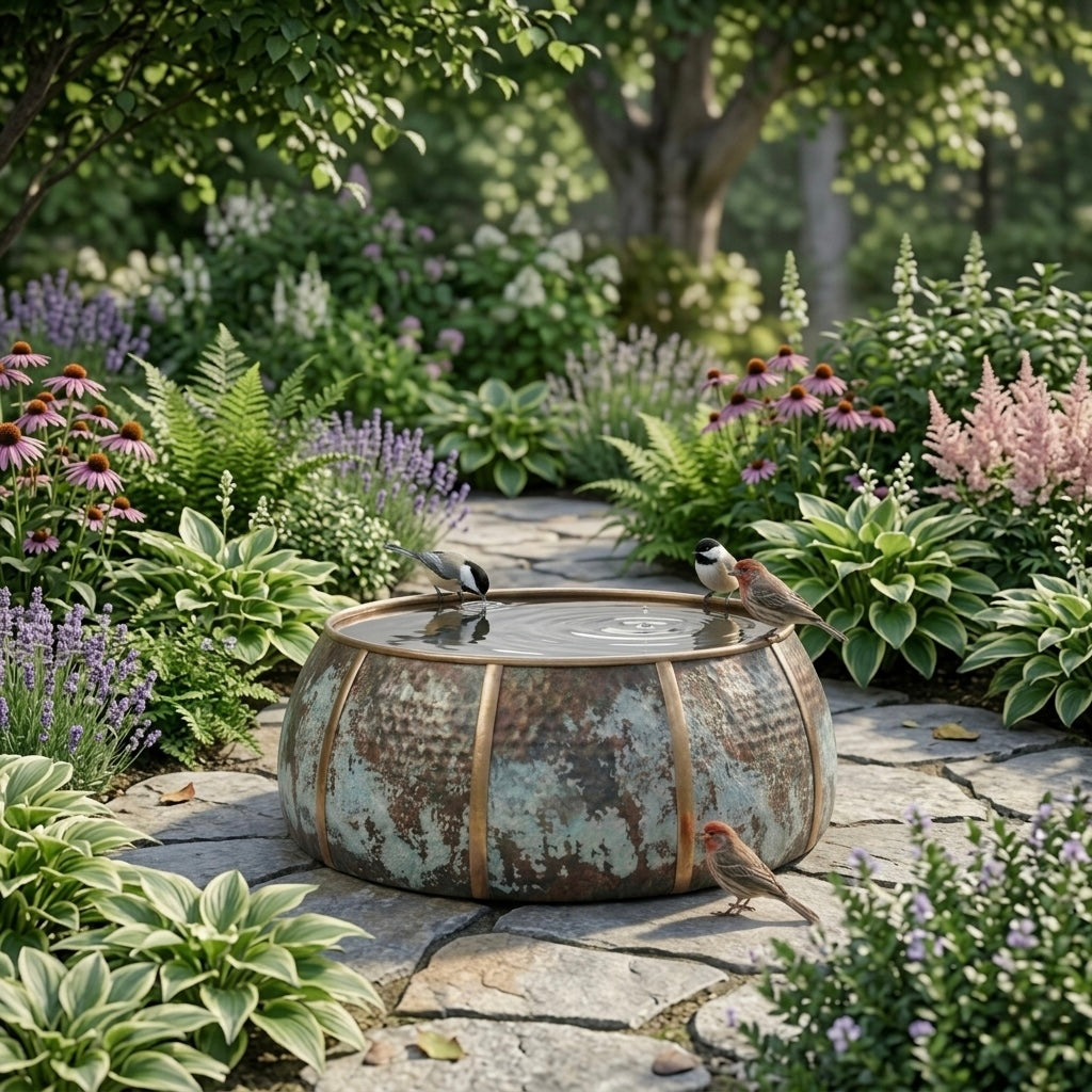 Handcrafted Moroccan Copper Bird Bath – Rustic Antique Verdigris Garden Basin