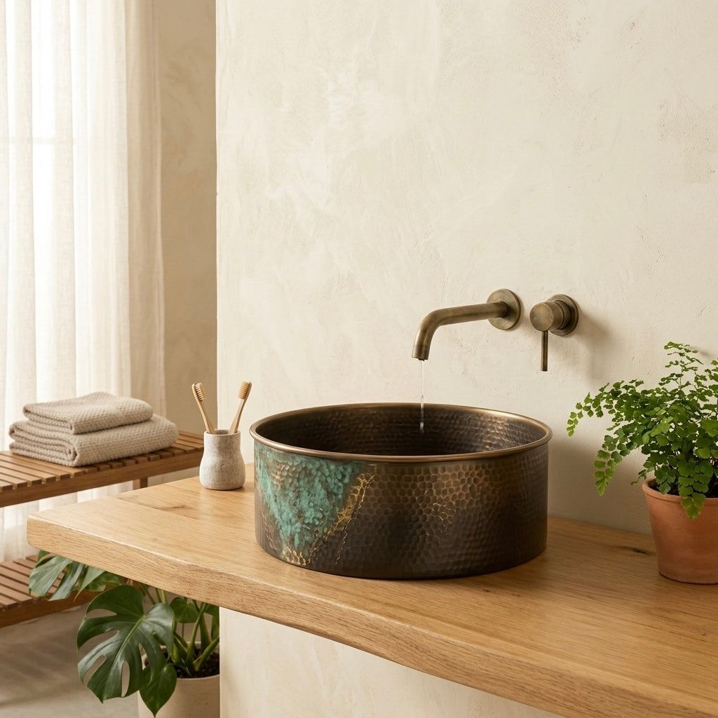 Handcrafted Verdigris Splash Brass Vessel Sink – Authentic Moroccan Antique Washbasin