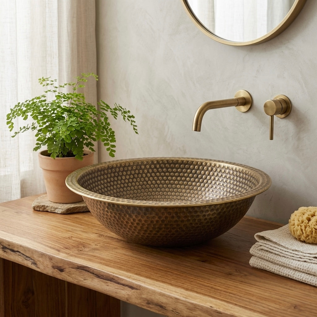 Handcrafted Antique Dotted Brass Vessel Sink – Authentic Moroccan Aged Washbasin