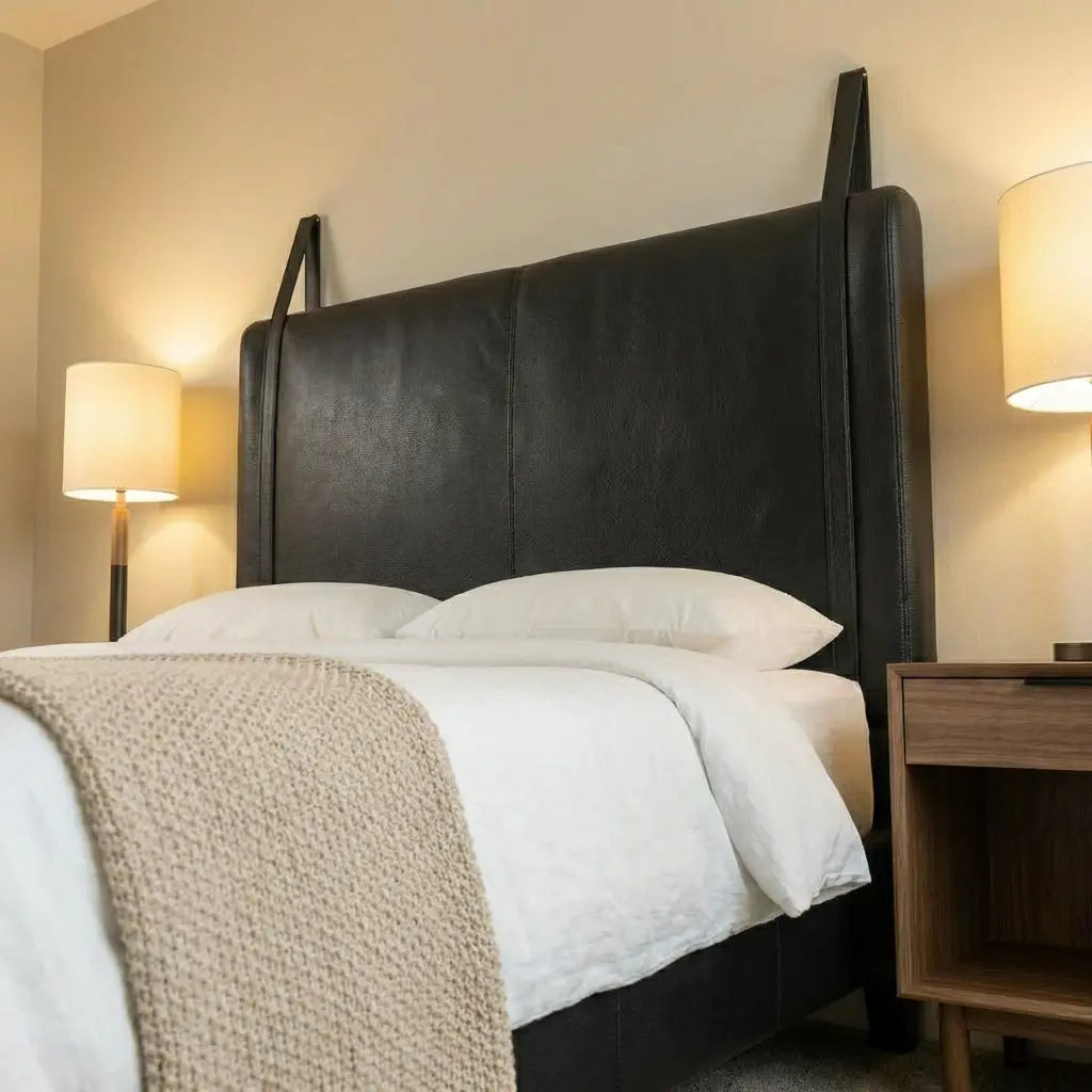 Wall-Mounted Moroccan Leather Headboard Black Handcrafted