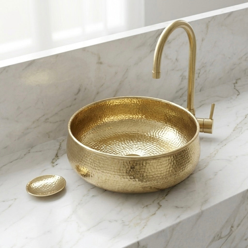 Handcrafted Hammered Brass Vessel Sink – Authentic Moroccan Polished Gold Washbasin