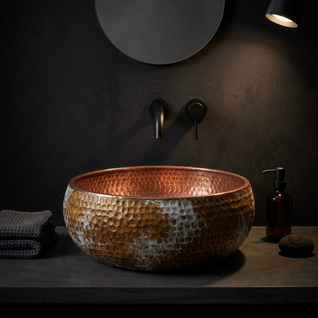 Handcrafted Distressed White & Copper Vessel Sink – Authentic Moroccan Weathered Washbasin