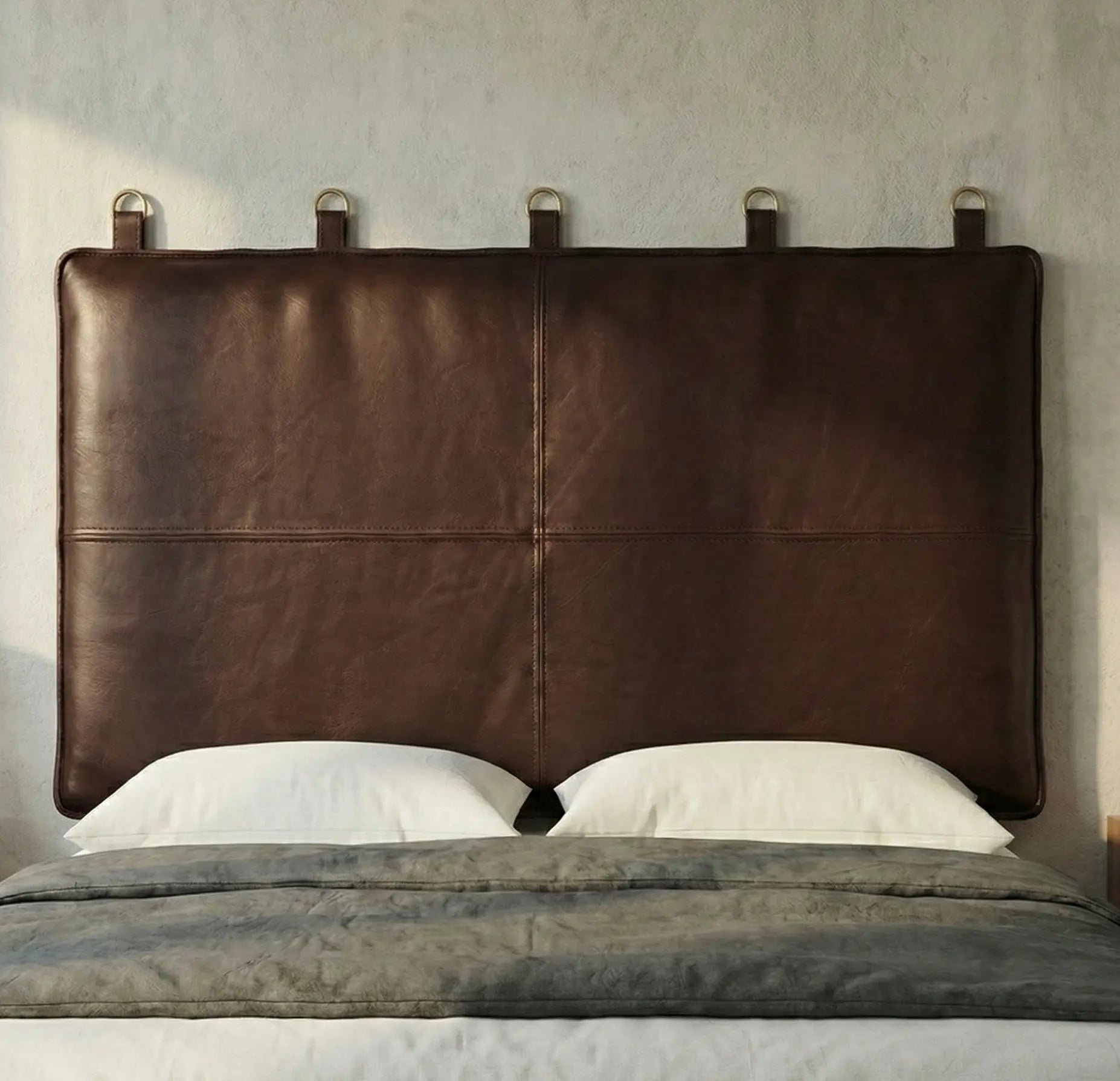 Moroccan Leather Headboard - Authentic Handcrafted Dark Brown Panel