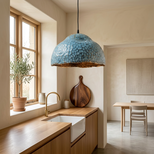 Blue Patina Brass Pendant Light - Hand Hammered Moroccan Dome