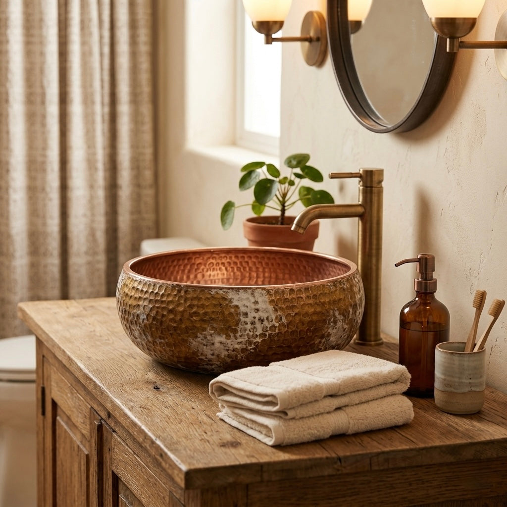 Handcrafted Distressed White & Copper Vessel Sink – Authentic Moroccan Weathered Washbasin